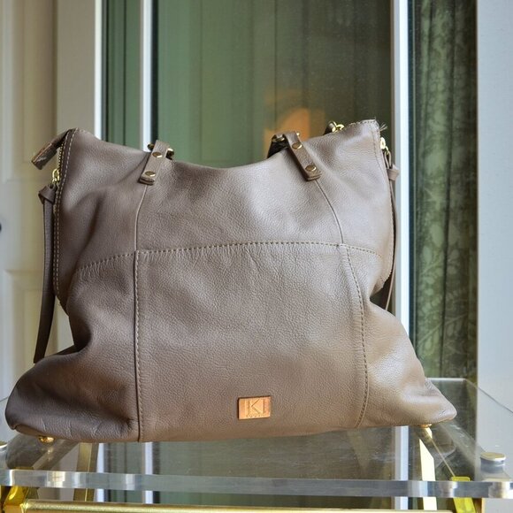 Kooba Tote Handbag Shopper Everette Leather Taupe Gray Zippers Tassels Large - Picture 2 of 16